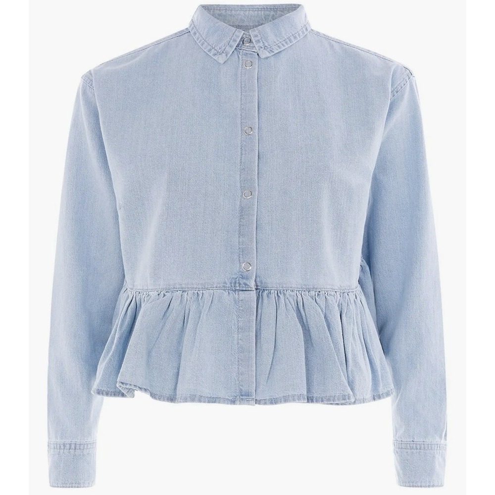 Topshop Blue Ruffle Peplum Hem Denim Shirt Snap Button Long Sleeve Women's 8